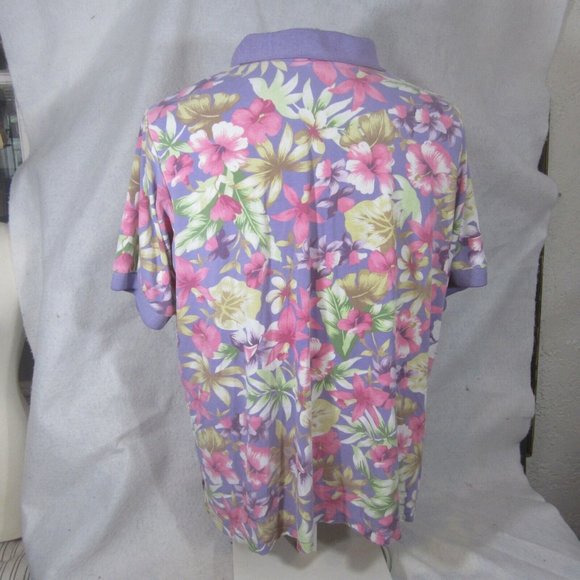 Roamans Women Polo Shirt Hawaiian print XL floral golf lavender pink vintage - Picture 8 of 11